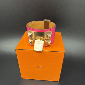 NIB Hermes Collier de Chien Bracelet Leather Fuchsia Pink  W Gold HW T2
